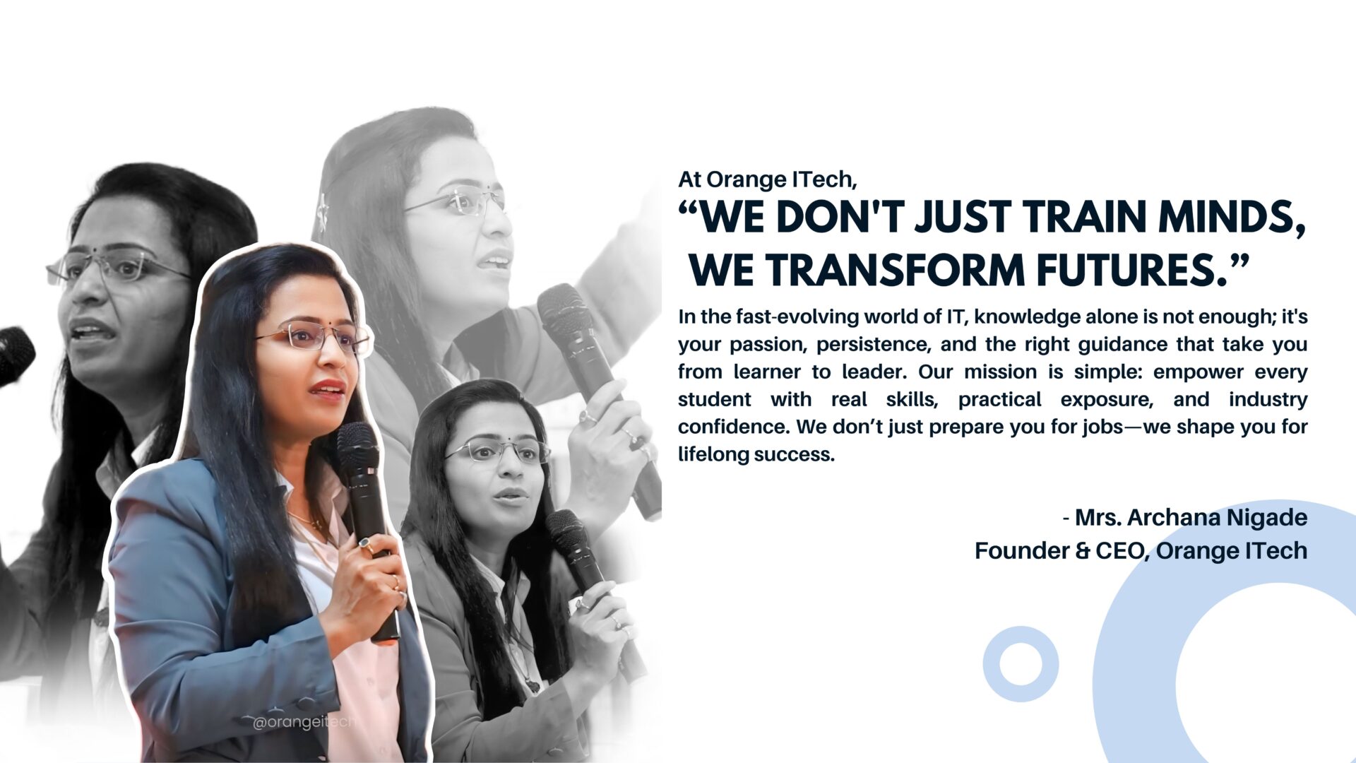 Mrs. Archana Nigade, Founder and CEO of Orange ITech, delivering an inspiring speech about transforming futures through IT training and education
