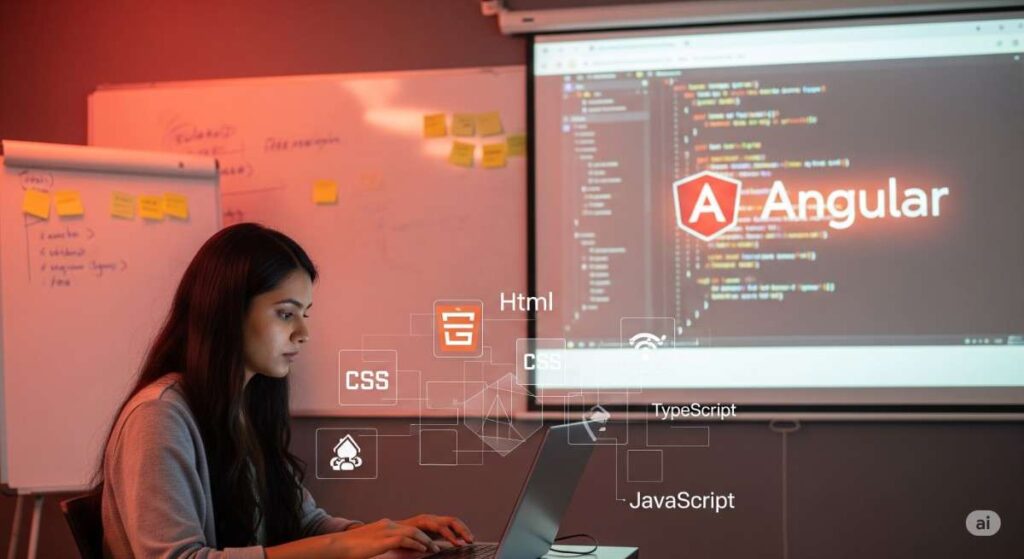"Indian student learning Angular in a classroom at Orange ITech, Pune – top Angular training institute"